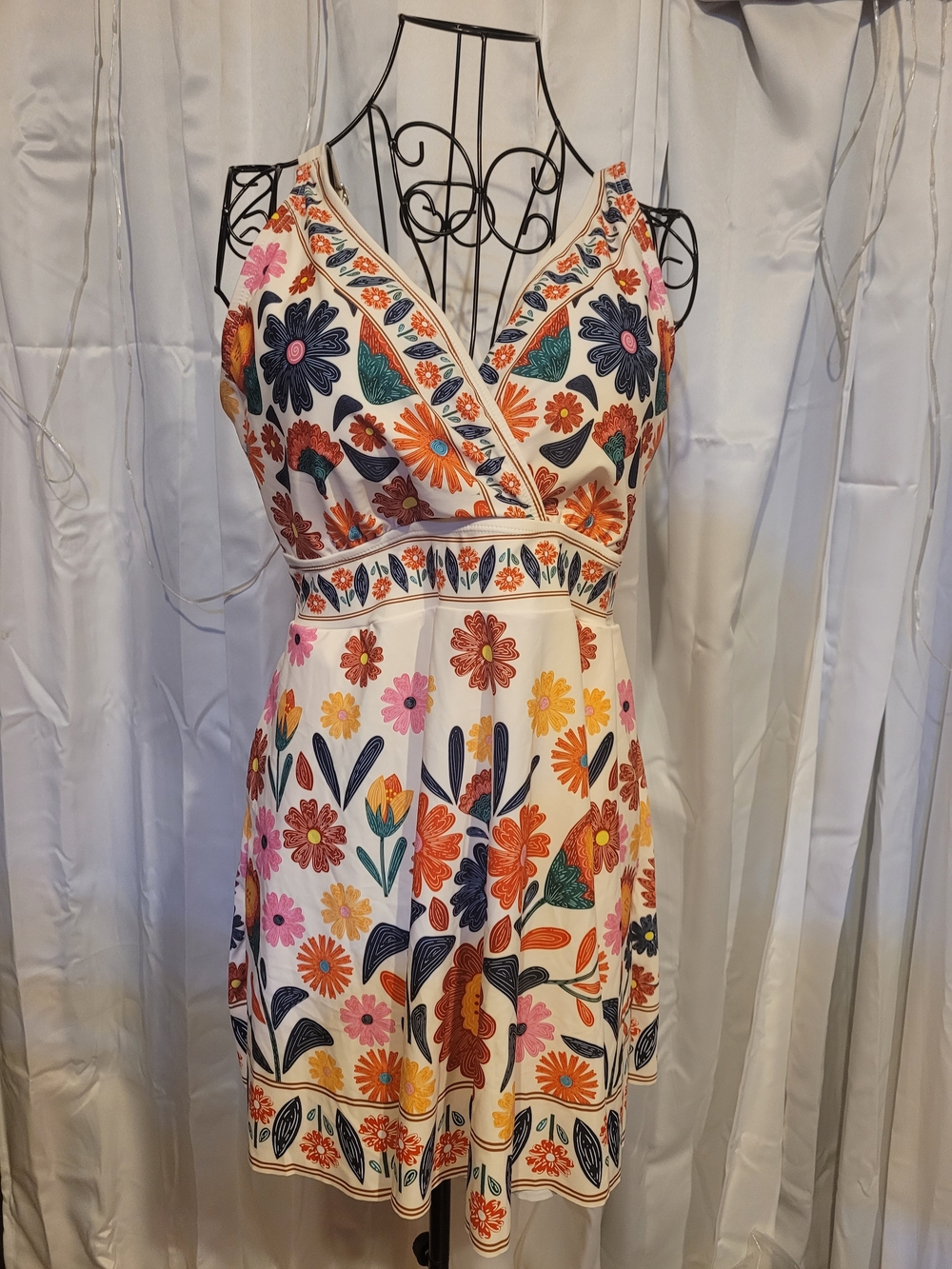 BloomChic White Floral V-Neck Bikini Cover-Up with Orange, Pink & Navy Accents